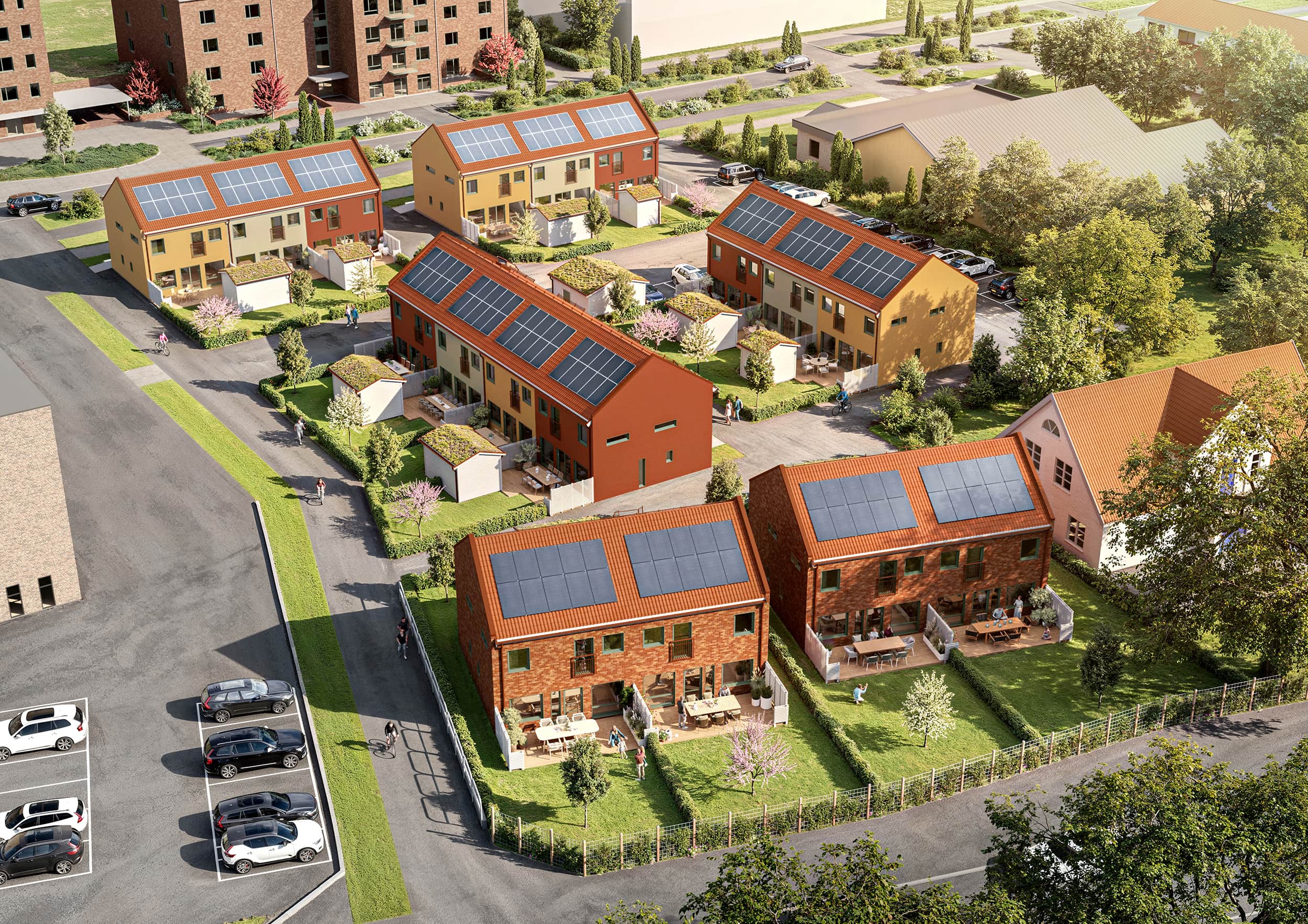 Exteriör visualisering av radhus i fågelperspektiv