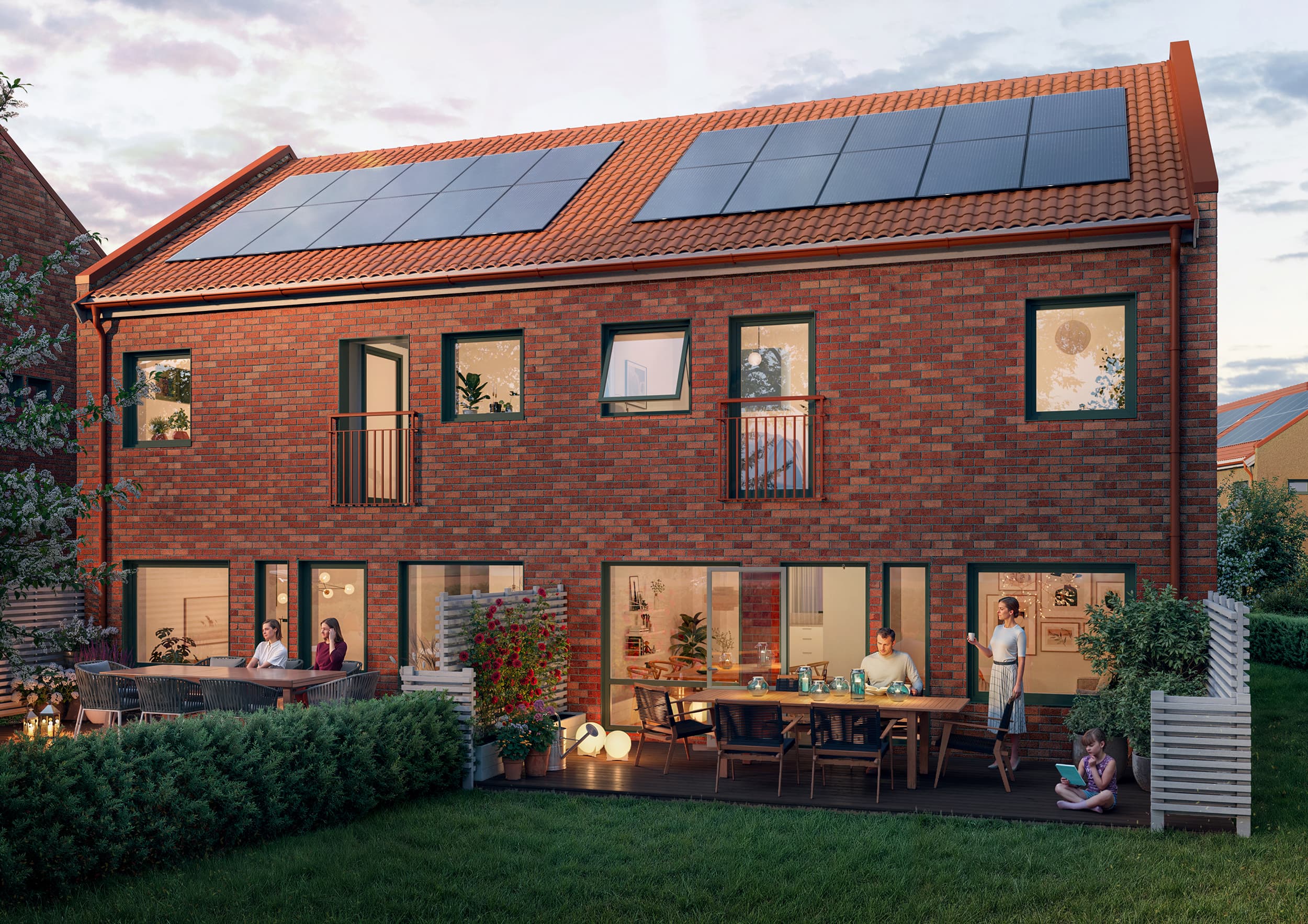 Exteriör visualisering av trädgård till radhus