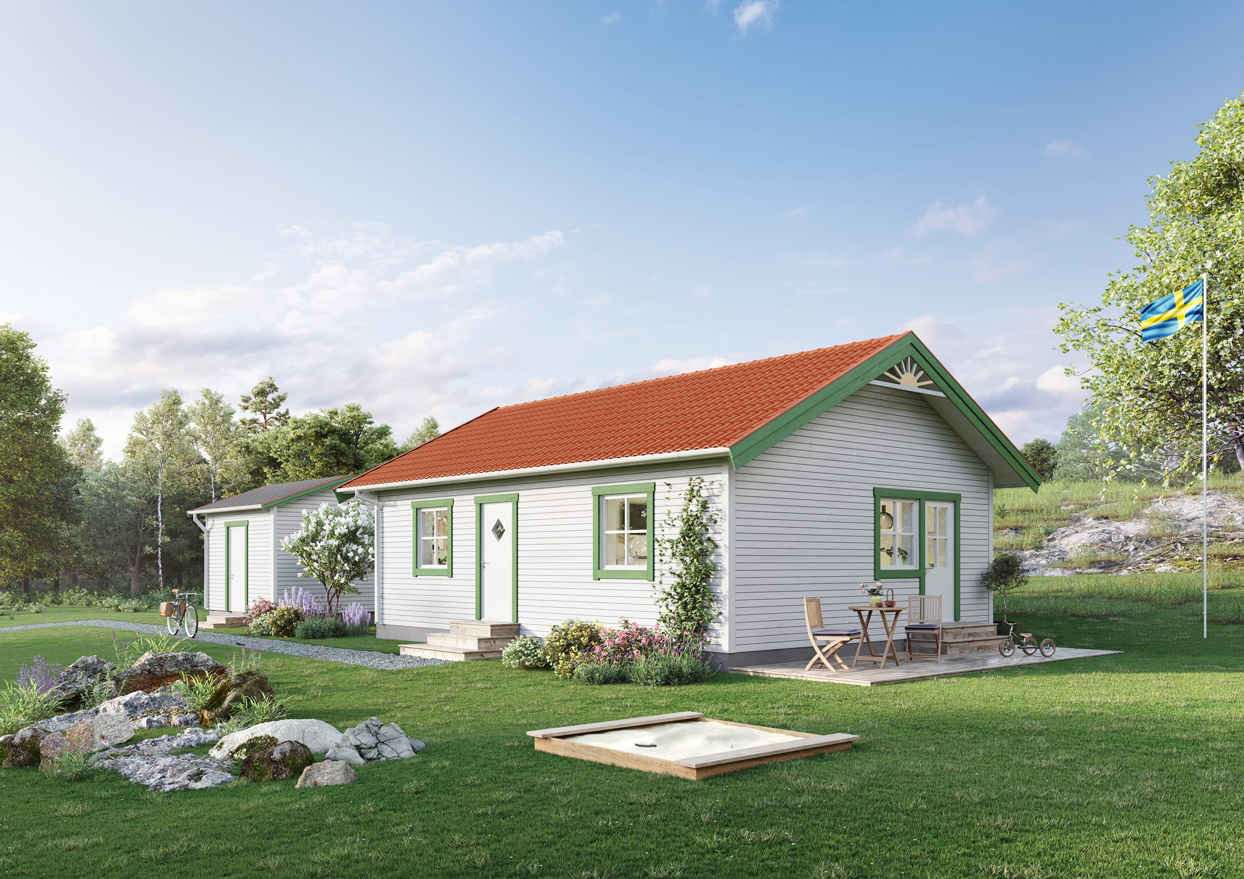 Exteriör visualisering av husmodell med en våning