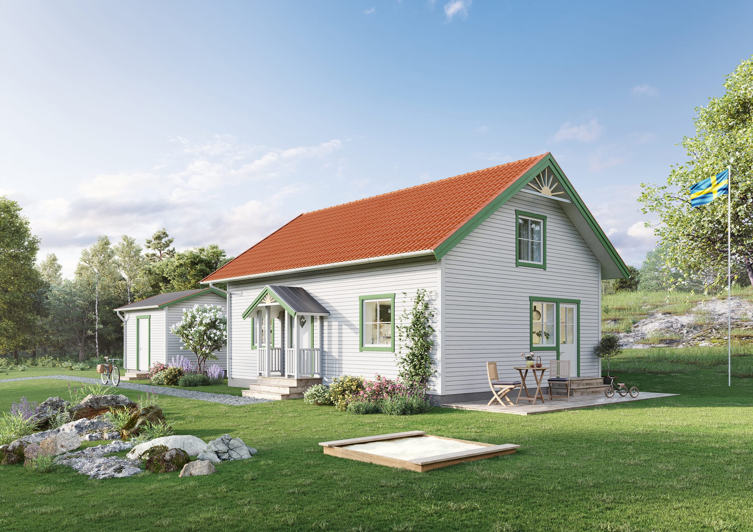 Exteriör visualisering av husmodell med två våningar