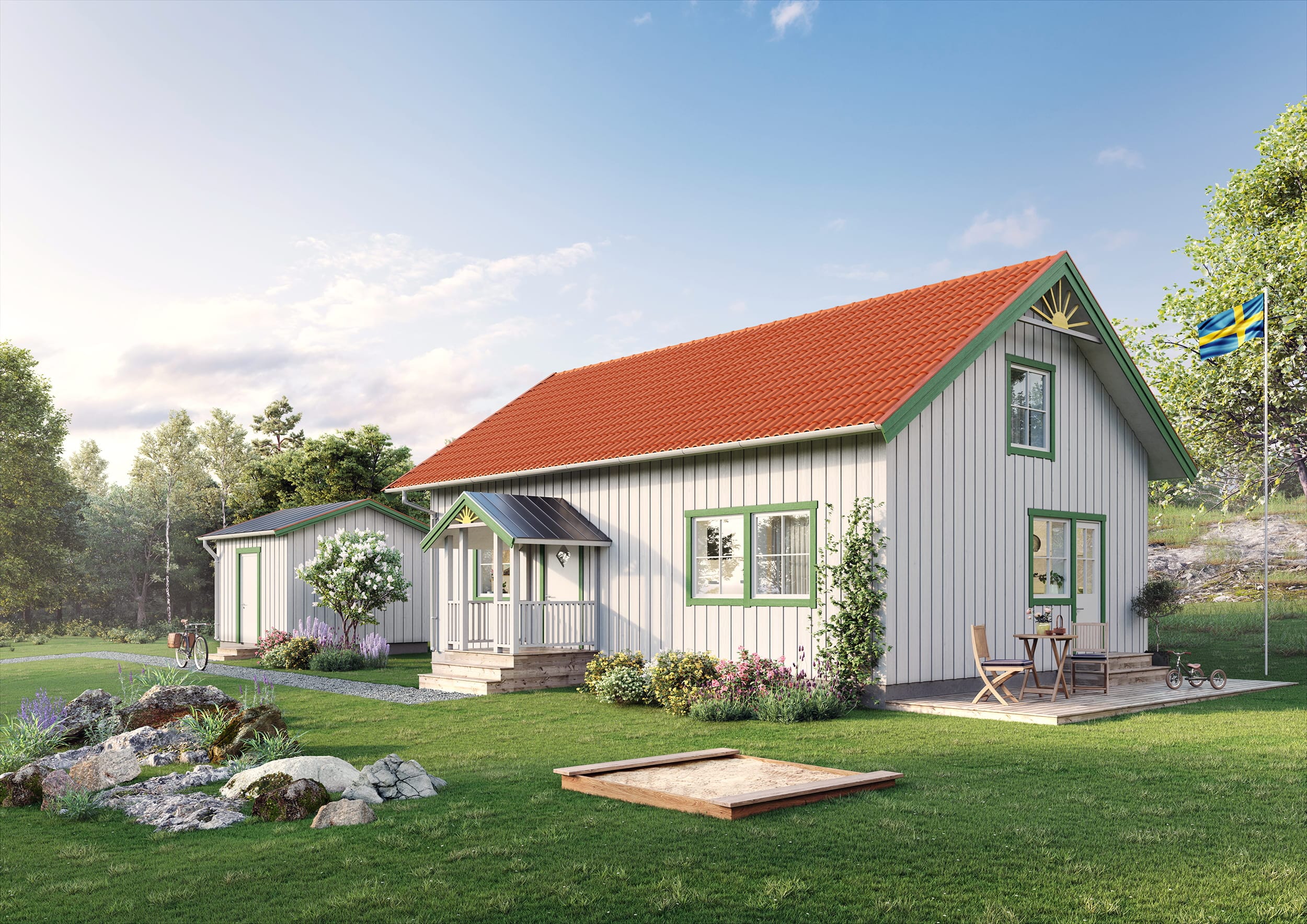 Exteriör visualisering av husmodell med två våningar