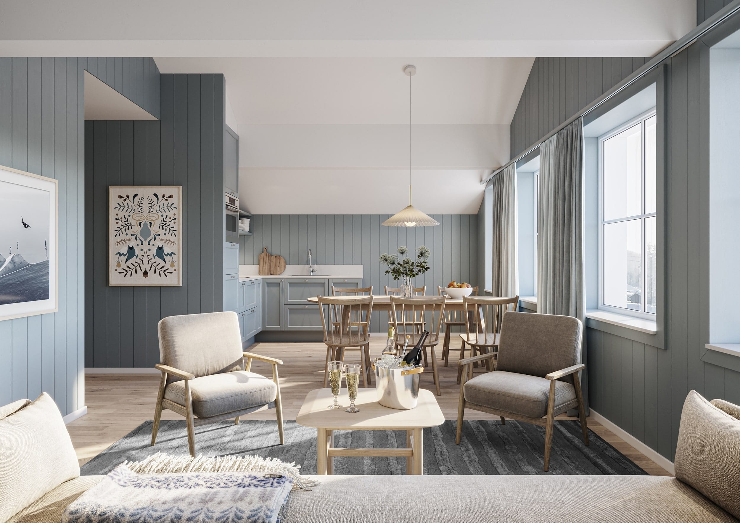 Interiör visualisering av vardagsrum/kök