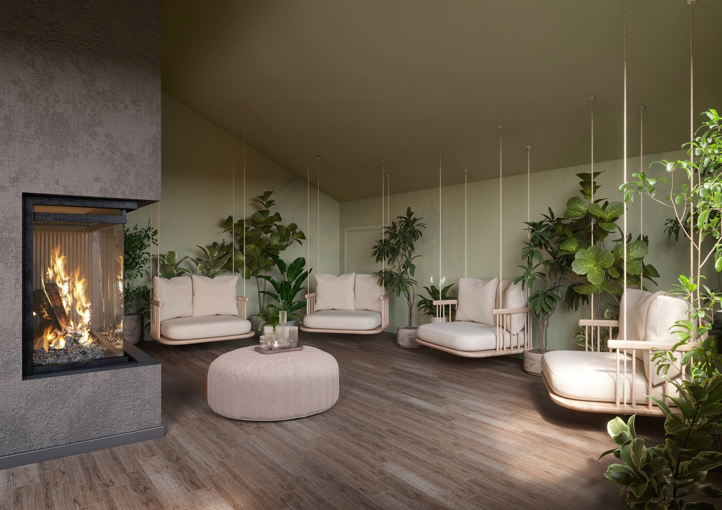 Interiör visualisering av relaxavdelning med takhängda fåtöljer