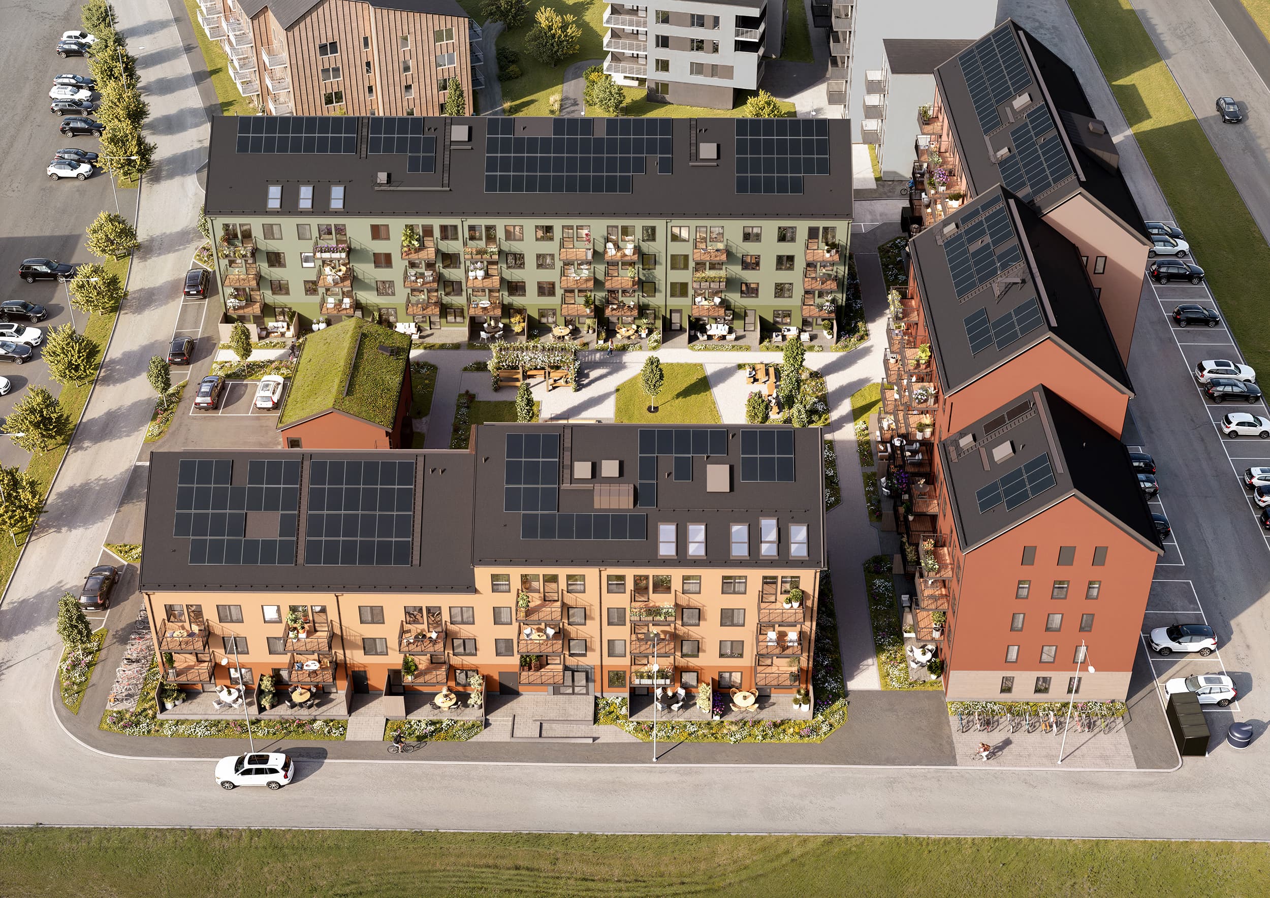 Exteriör visualisering av flerbostadshus i fågelperspektiv.