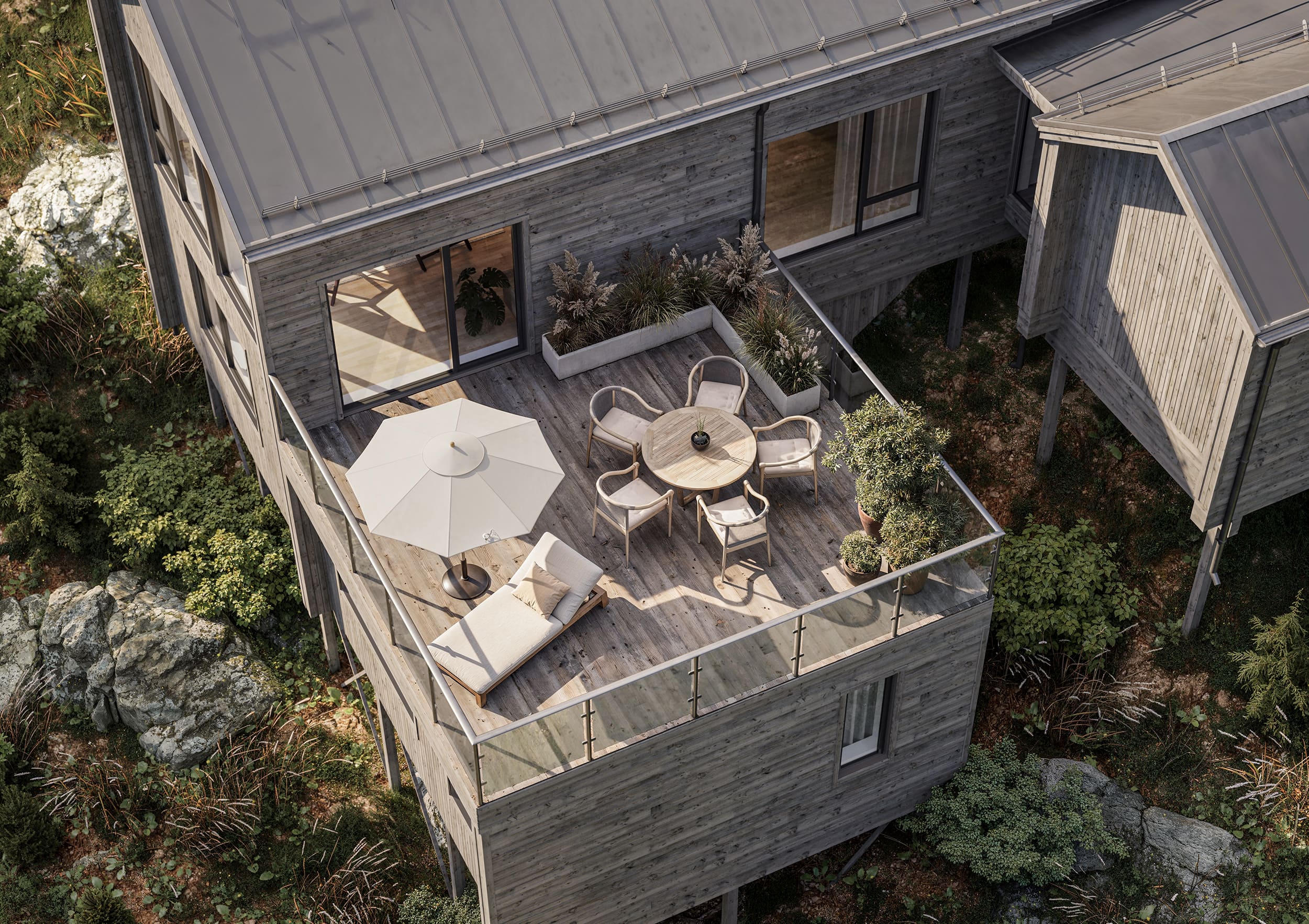 Exteriör detaljvisualisering av terrass