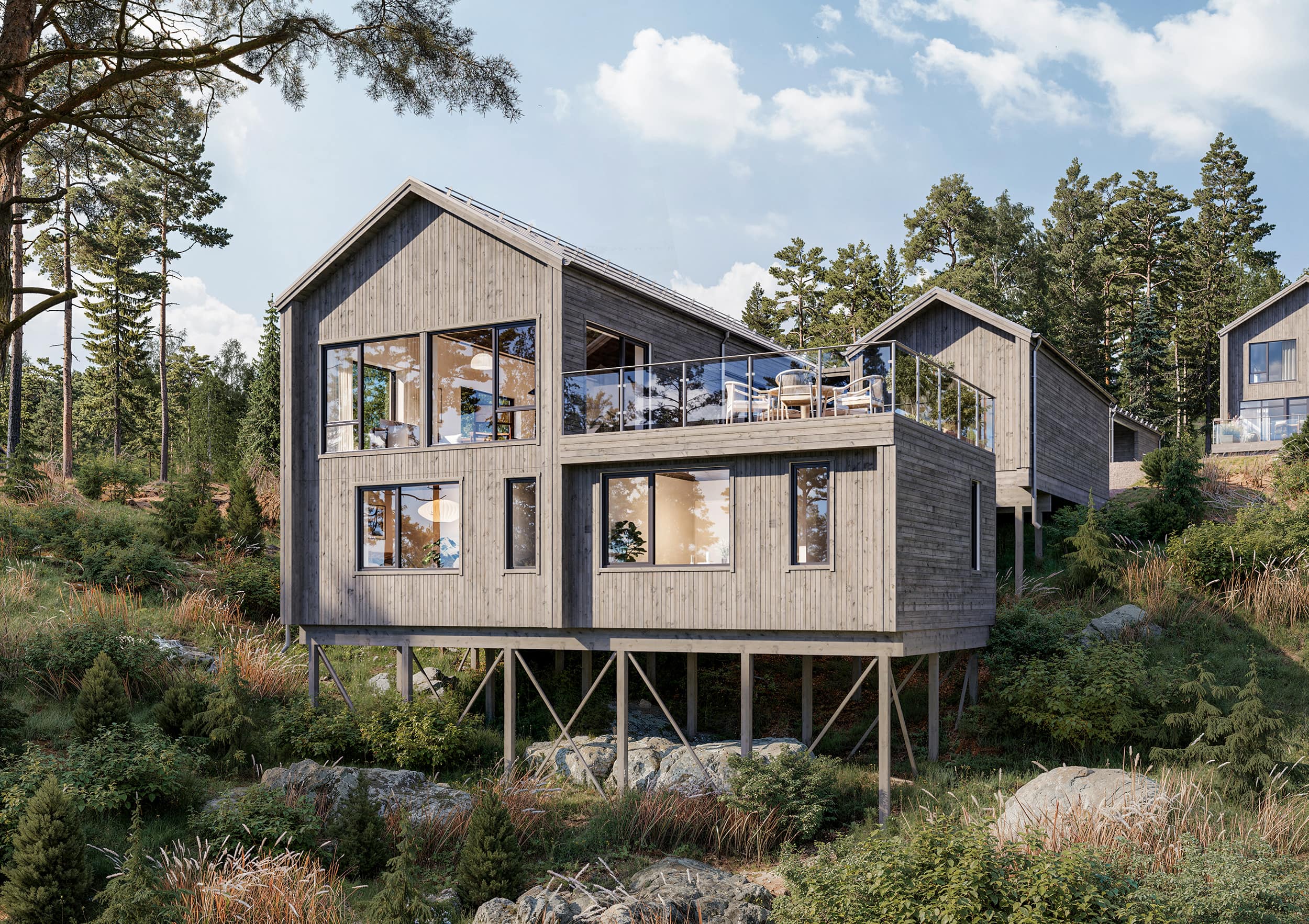 Exteriör visualisering av tvåplansvilla i skogsmiljö