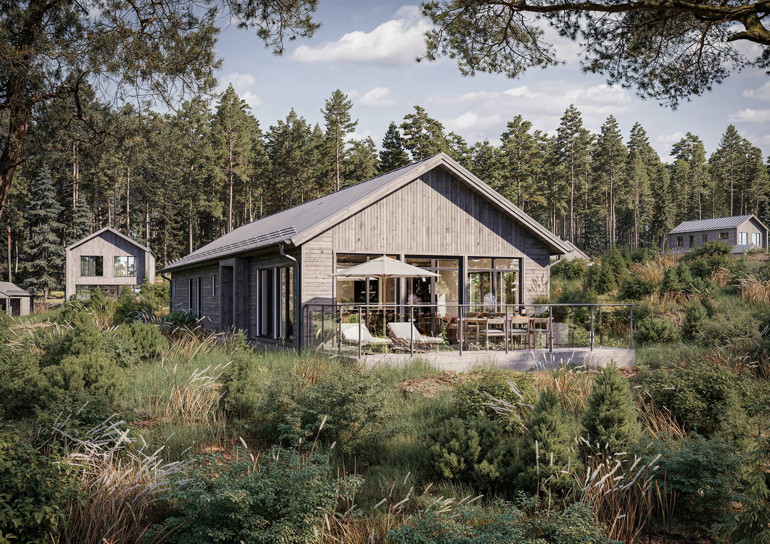 Exteriör visualisering av enplansvilla i skogsmiljö
