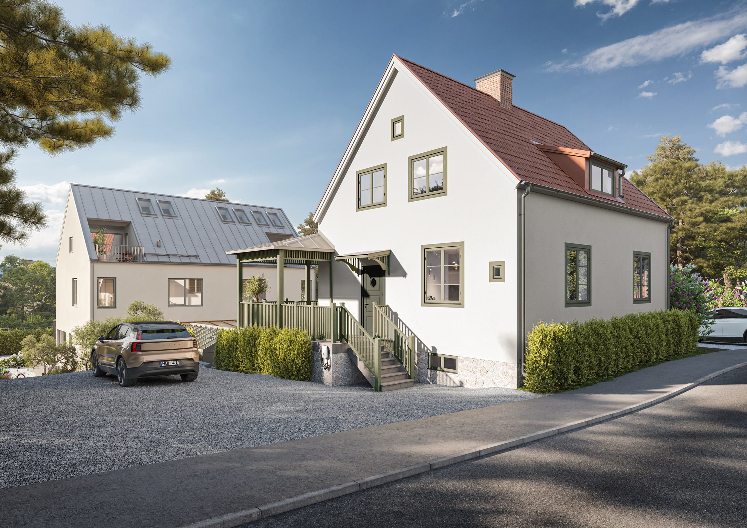 Exteriör visualisering av uppfart till villa