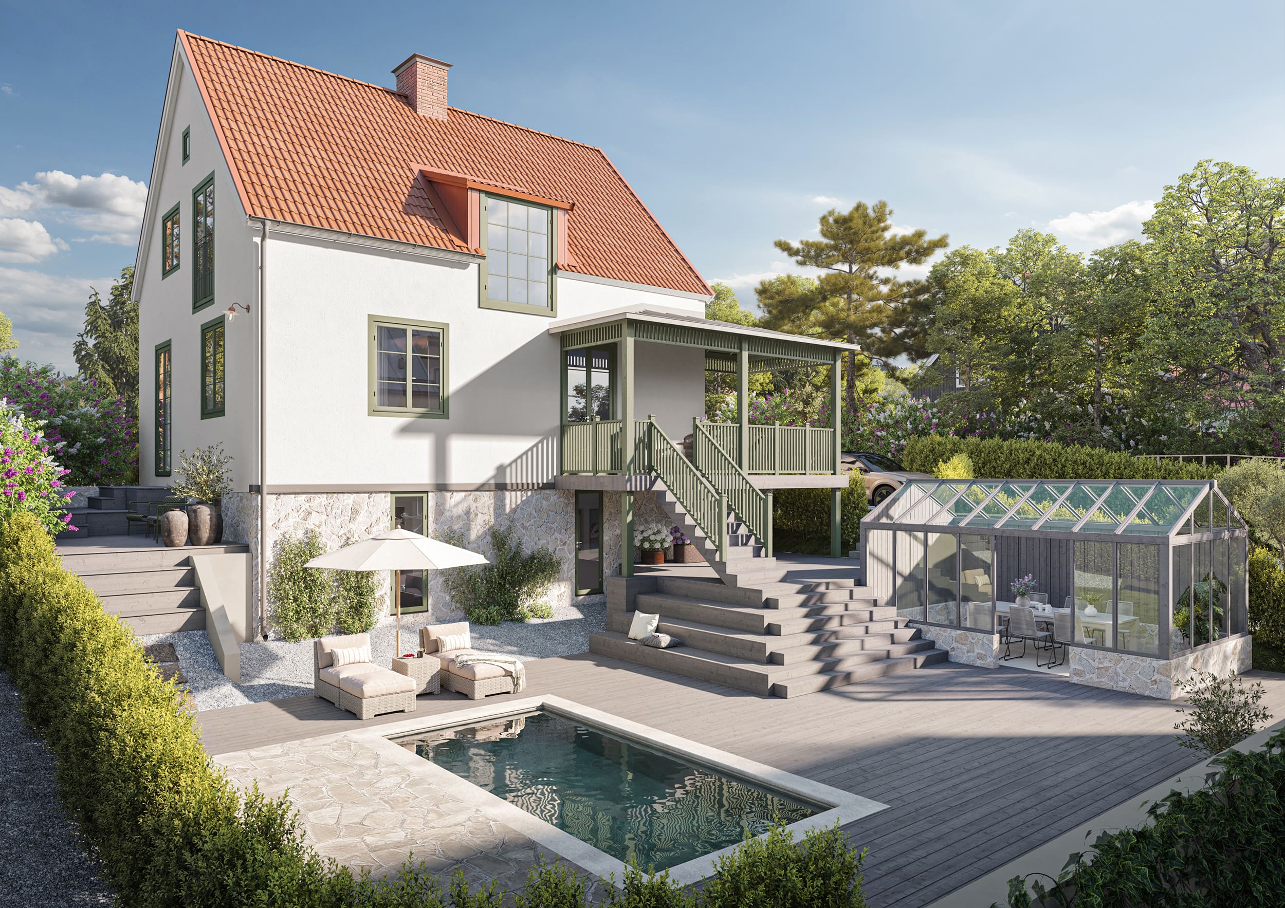 Exteriör visualisering av villa med pool