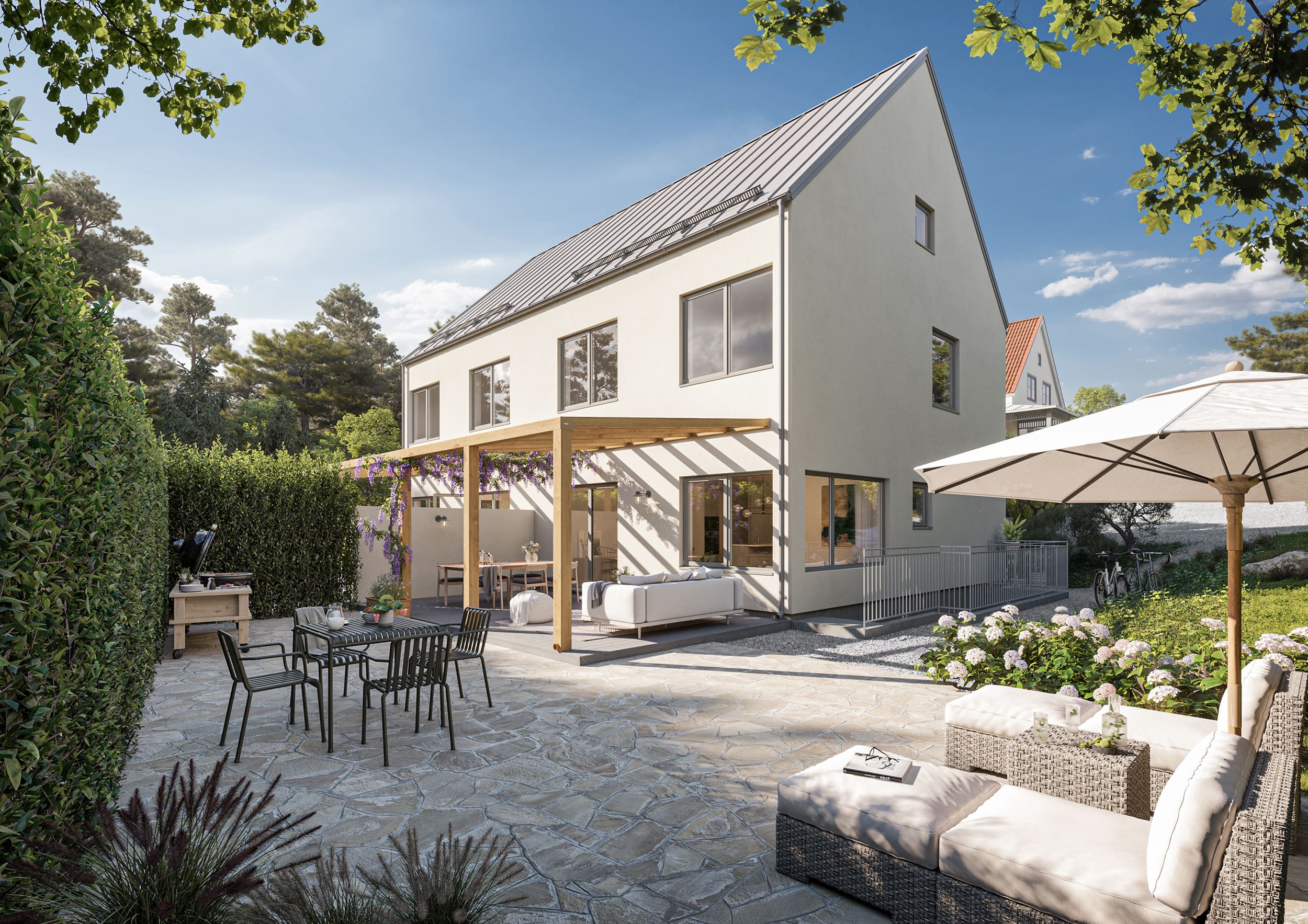 Exteriör visualisering av villa med uteplats