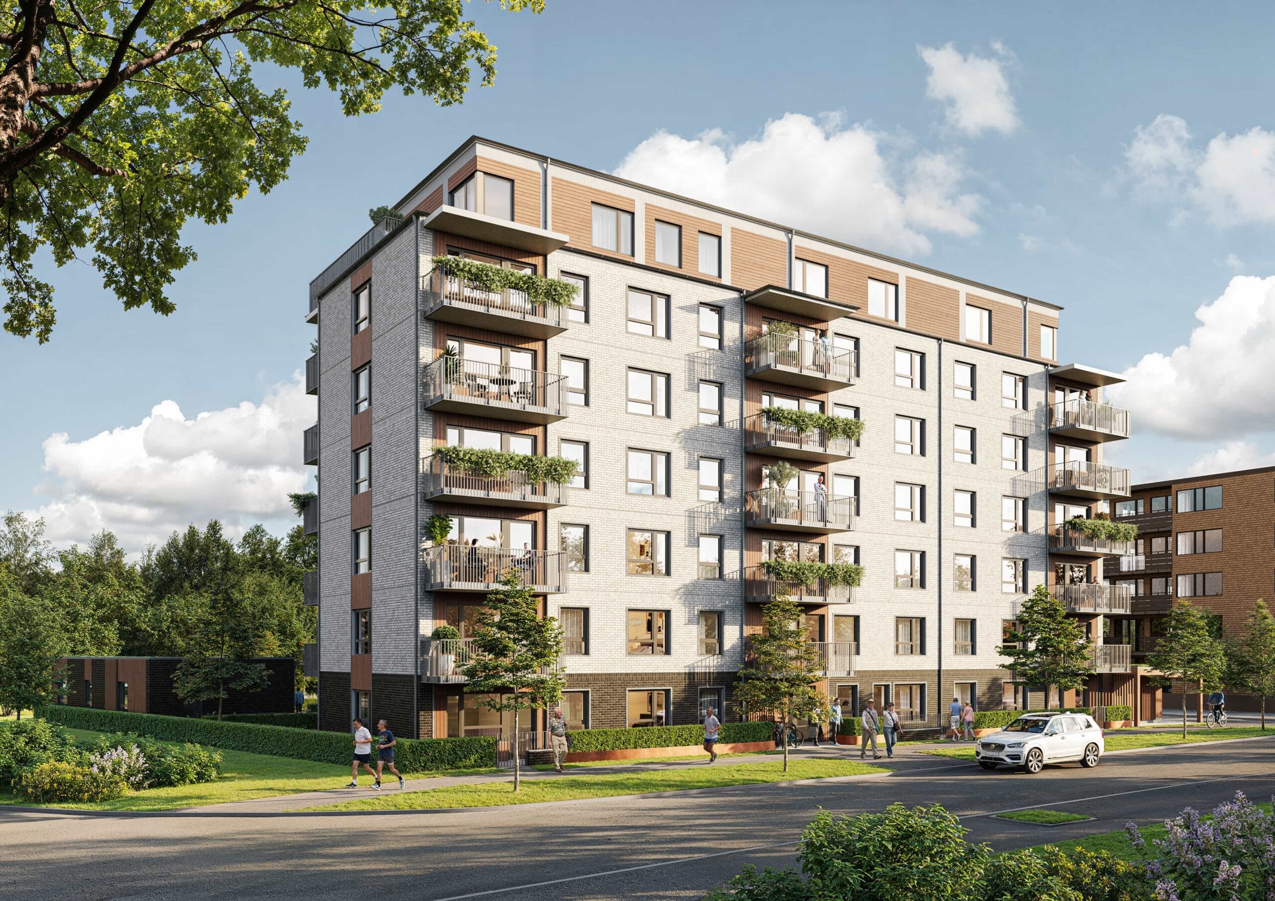 Visualisering av eksteriør på boligblokk i Rydebäck