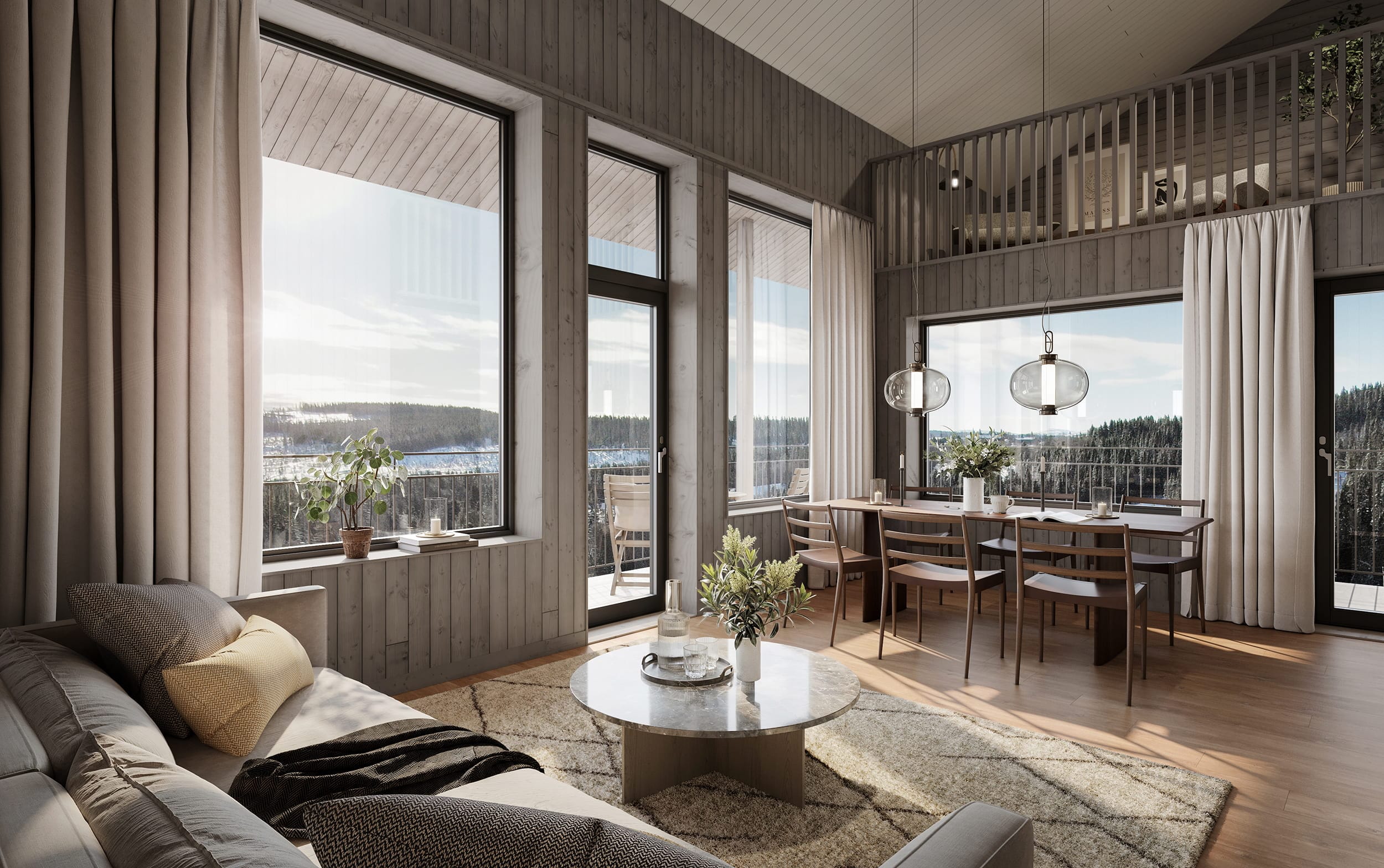 Interiör visualisering av allrum i Hemavan