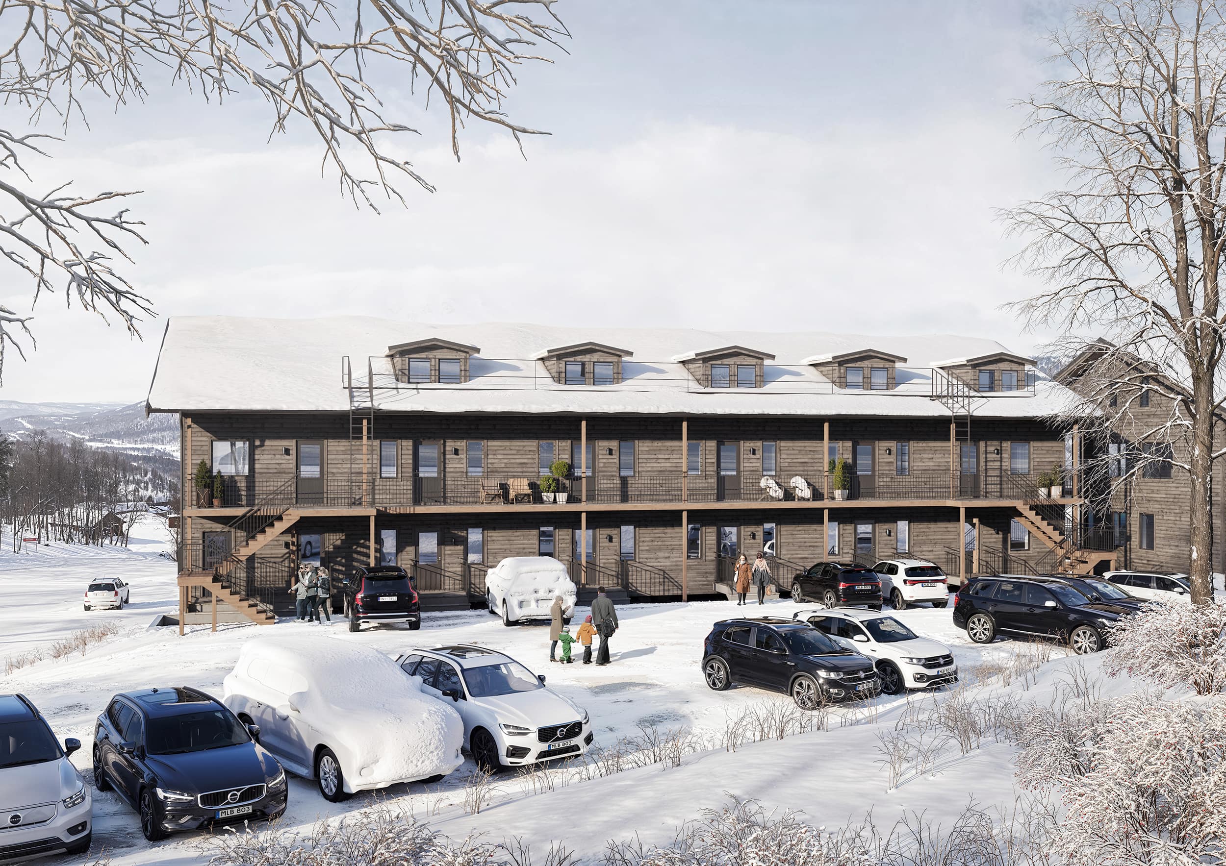 Exteriör visualisering av flerbostadshus i Hemavan