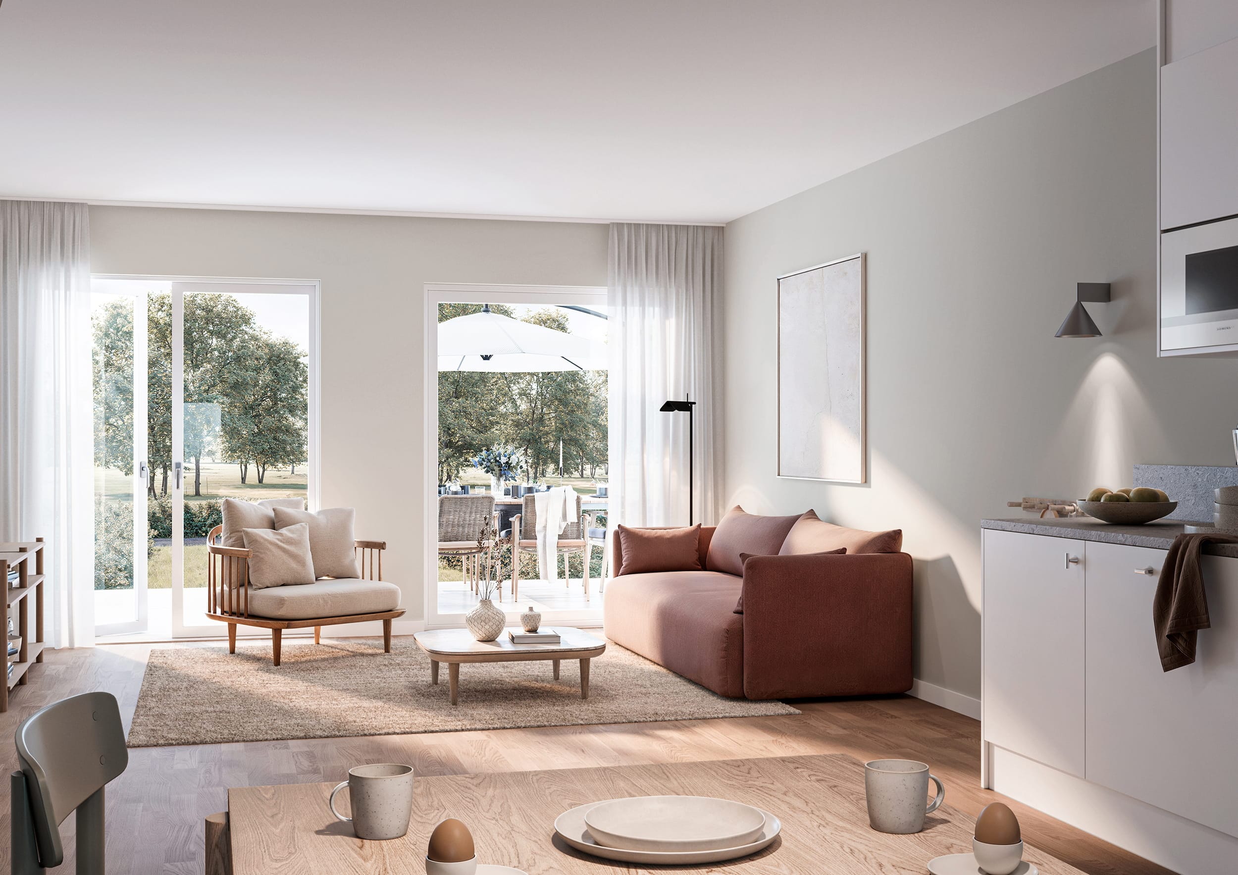 Interiör visualisering av vardagsrum från ett radhus i Norrköping
