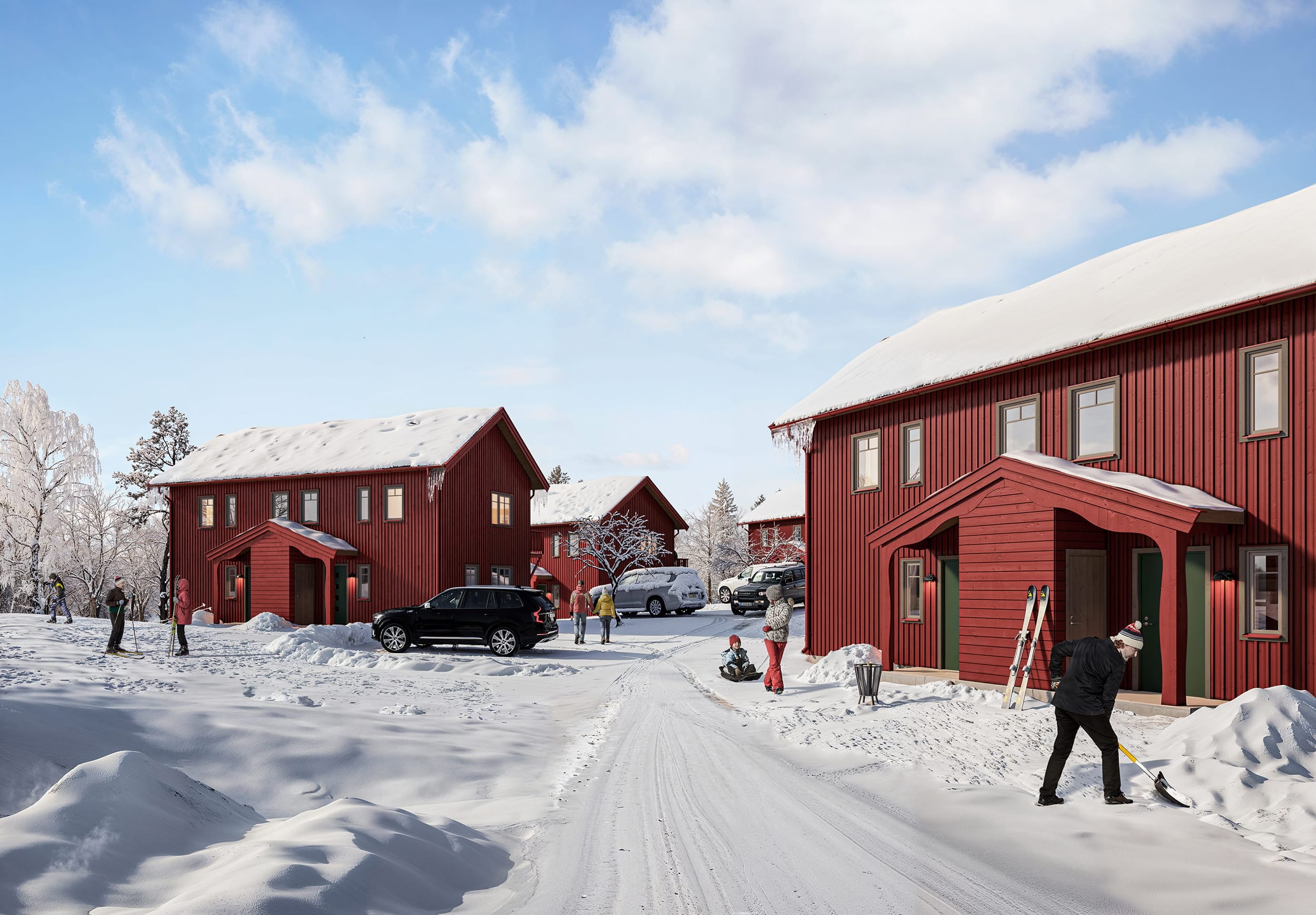 Eksteriørvisualisering av tomannsbolig i Tänndalen