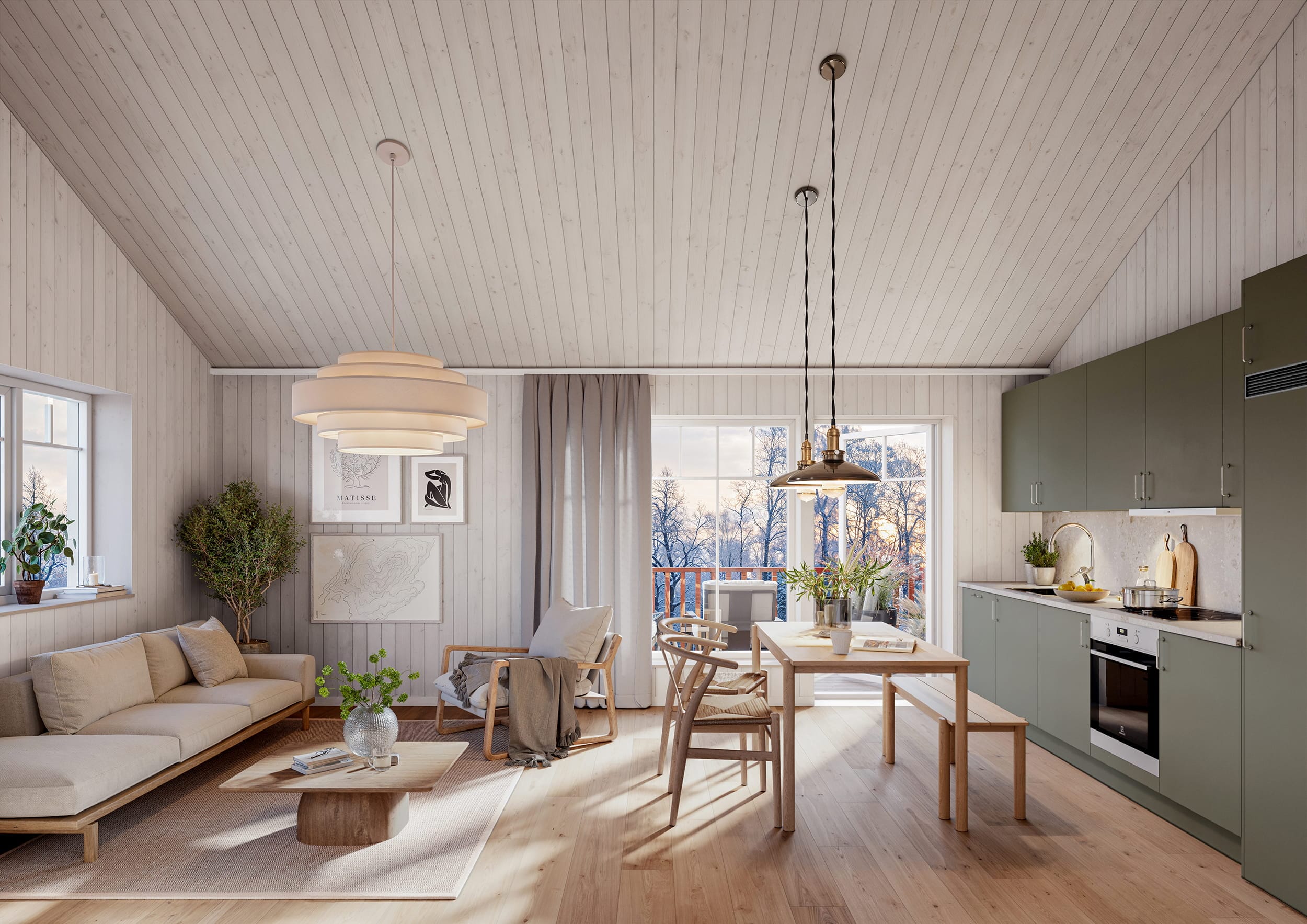 Interiör visualisering av kök och allrum från parhus i Tänndalen