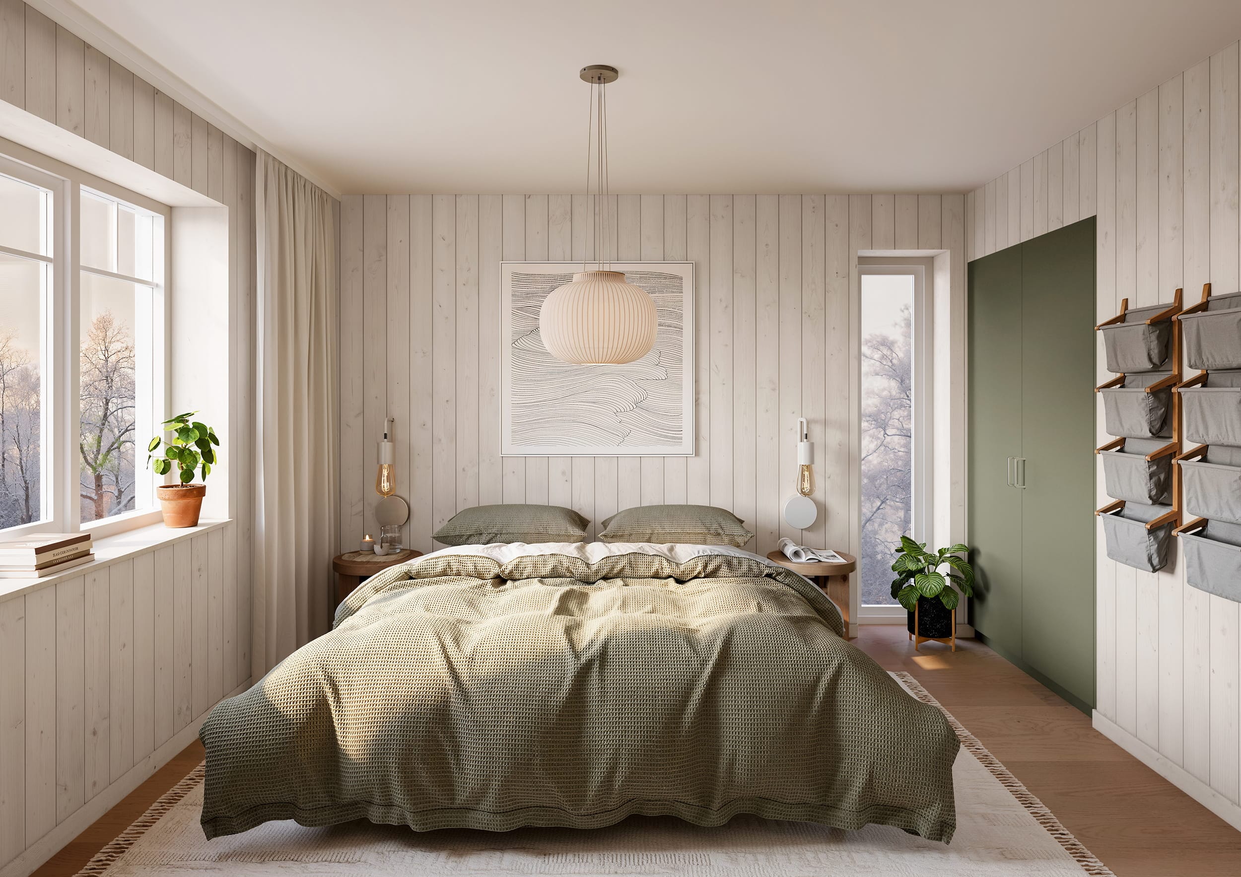 Interiör visualisering av sovrum från parhus i Tänndalen