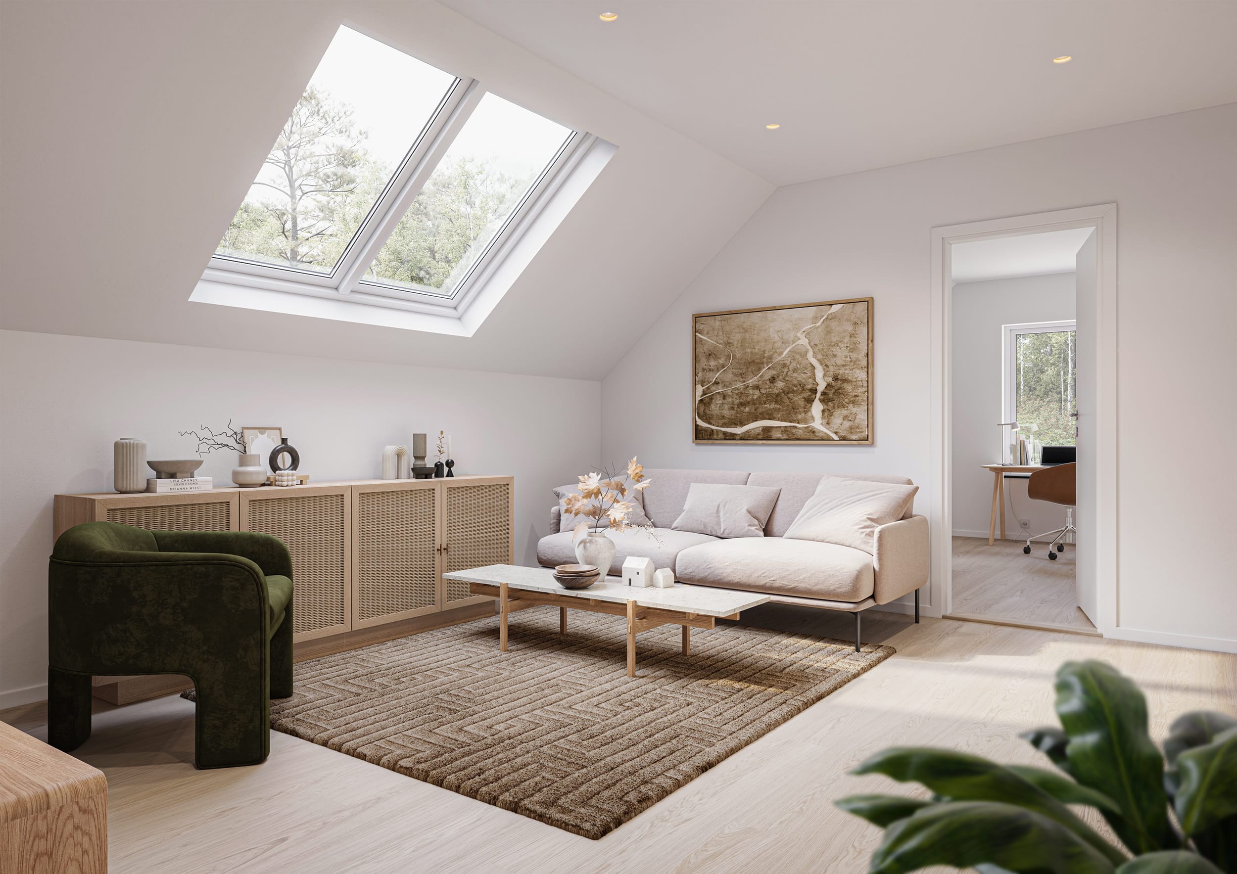 Interiör visualisering av allrum från villa i Stenhamra.