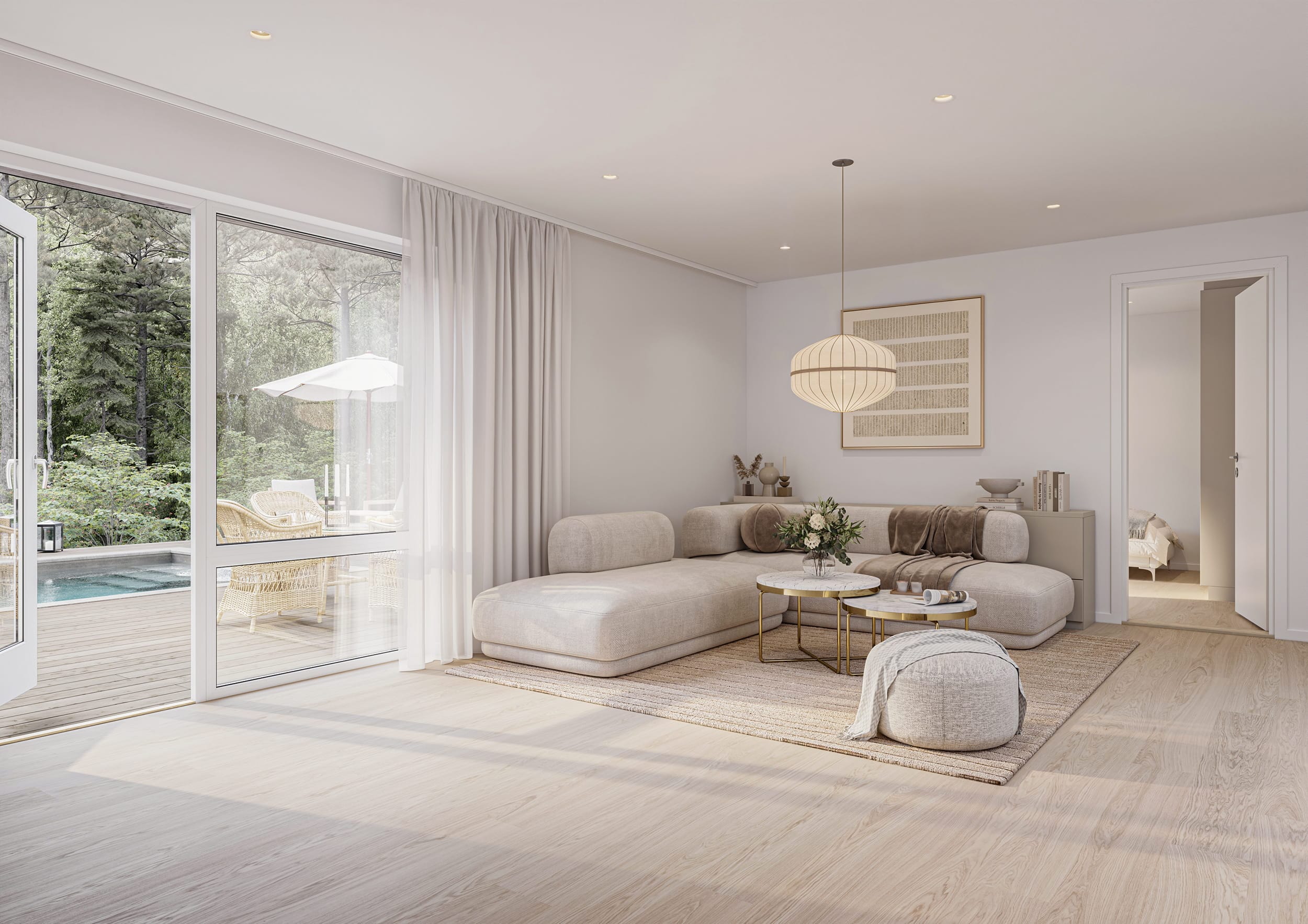 Interiör visualisering av allrum från villa i Stenhamra.
