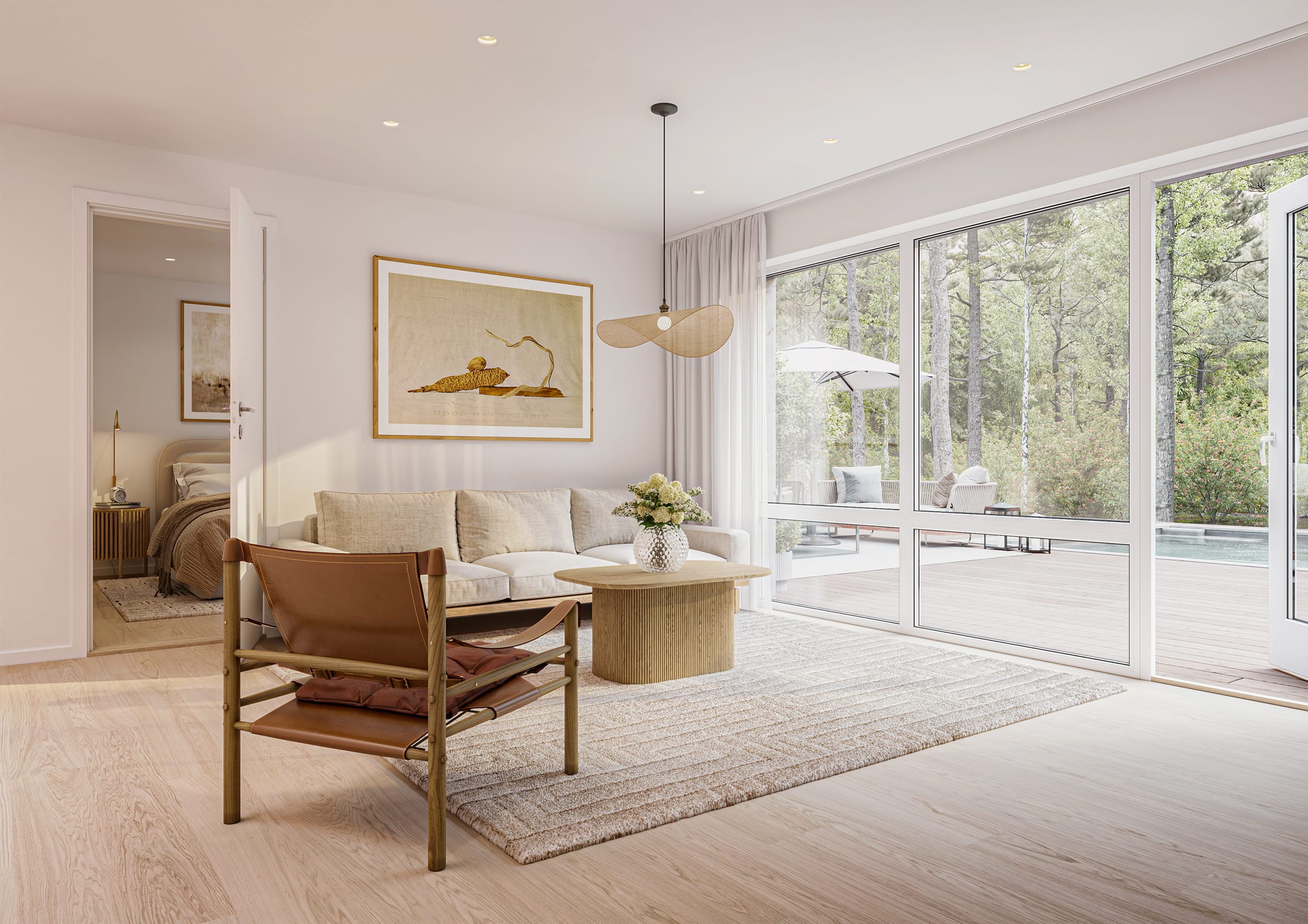 Interiör visualisering av allrum från villa i Stenhamra.