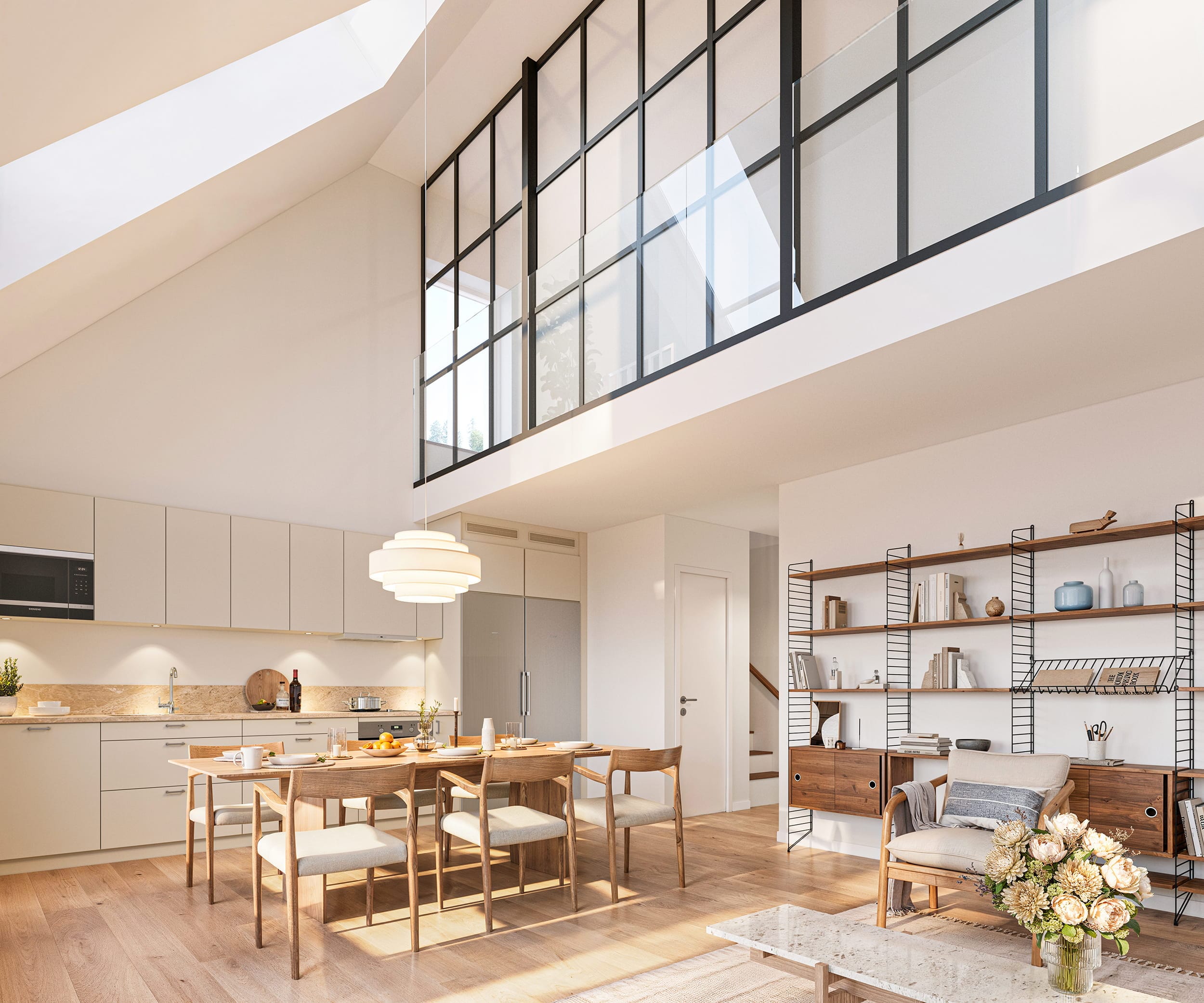 Interiørvisualisering av loft og kjøkken