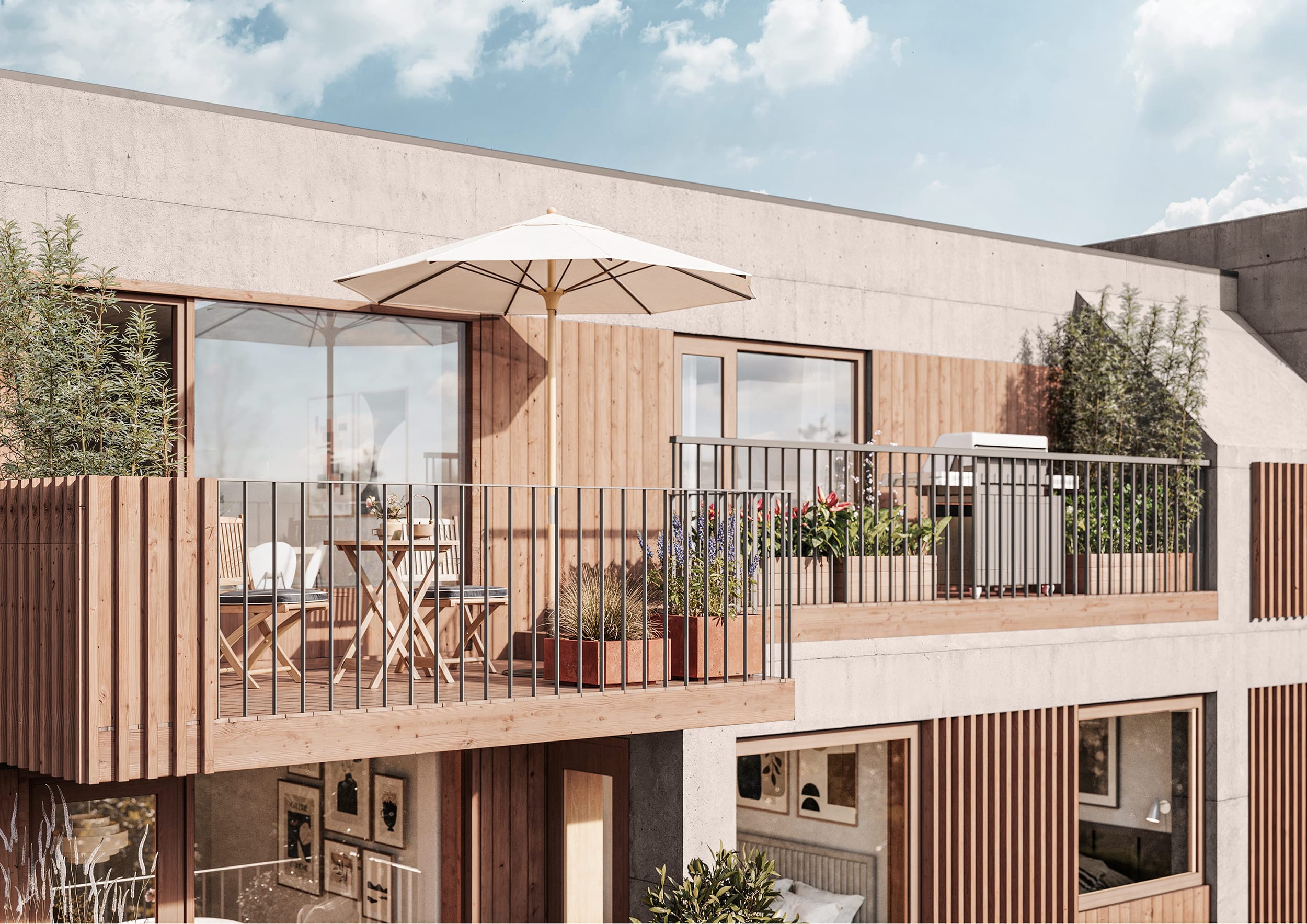 Utvendig visualisering av terrasse til flerbolighus